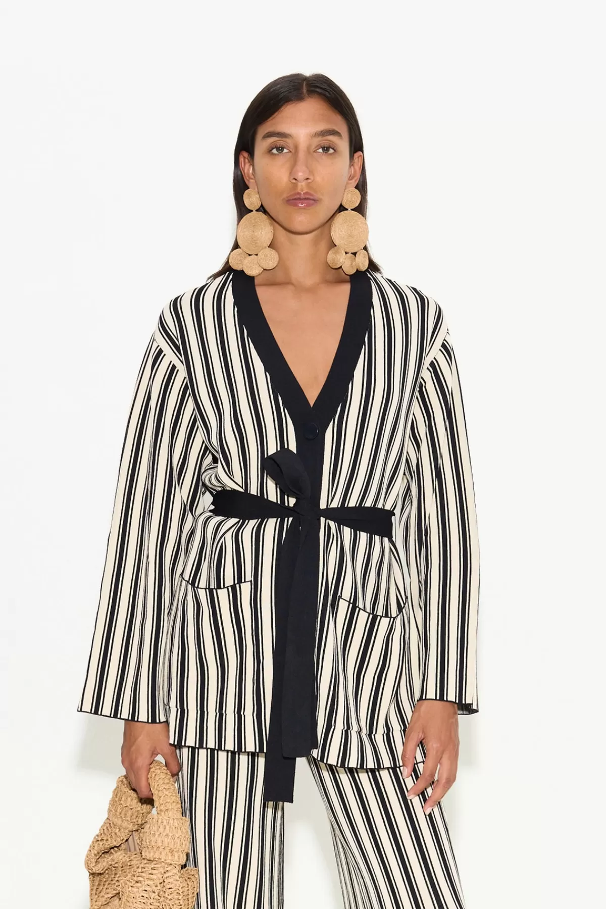 Clothing<SIMONMILLER Max Belted Knit Cardigan in Black/Rice Flour Stripe black/riceflourstripe